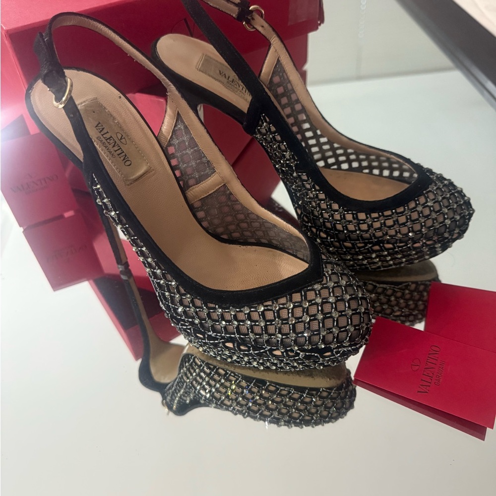 Valentino Black and Silver Mesh Slingback Heels - Picture 6 of 8